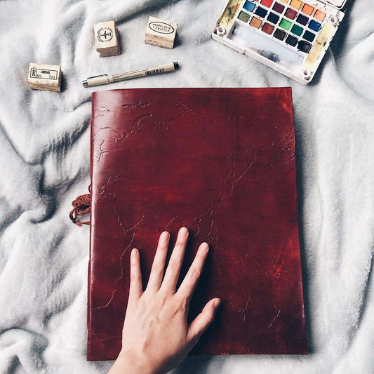 World Map | 14x11 | Large | Handmade Leather Journal | Sketch Pad