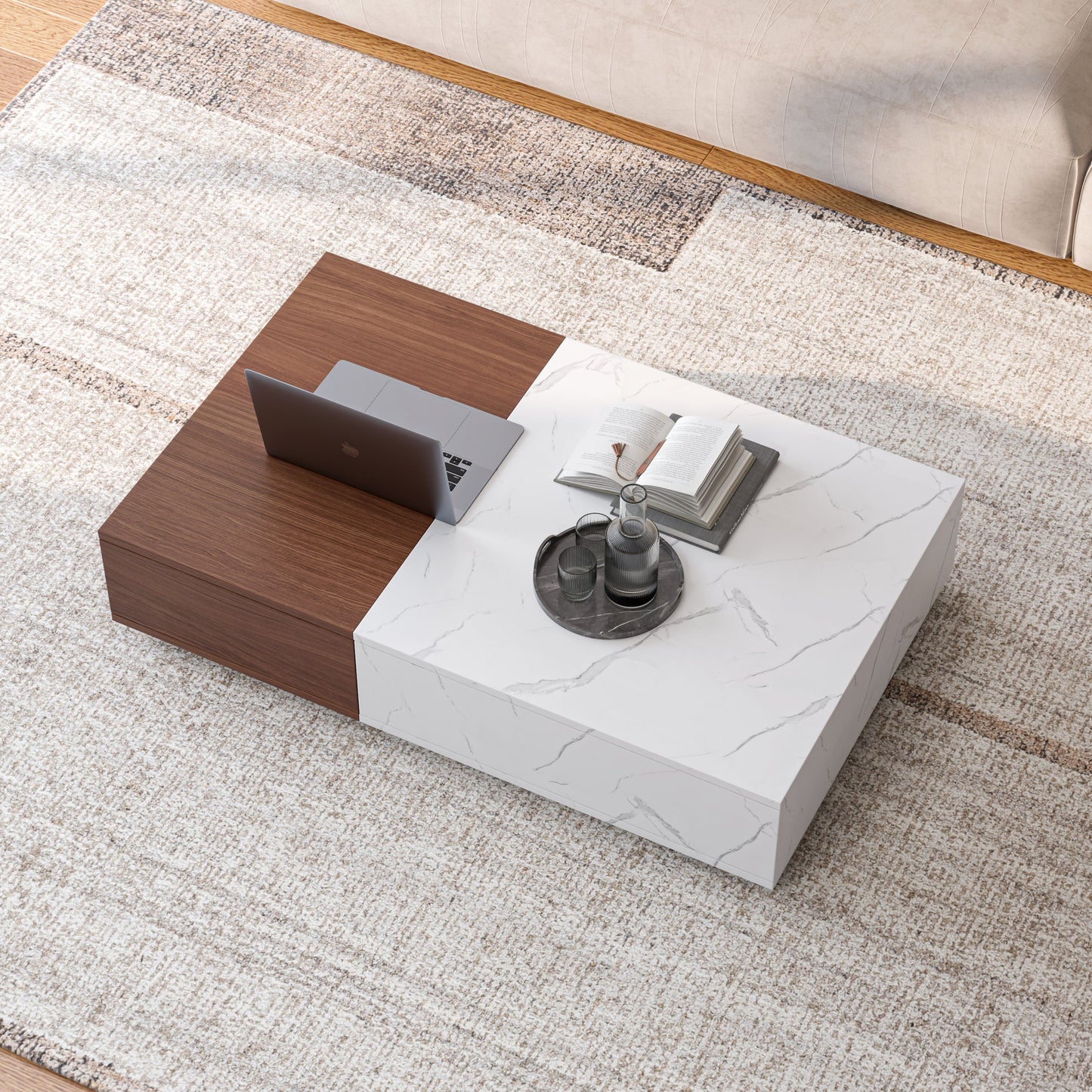 Modern Style Walnut Coffee Table With Two Storage Spaces