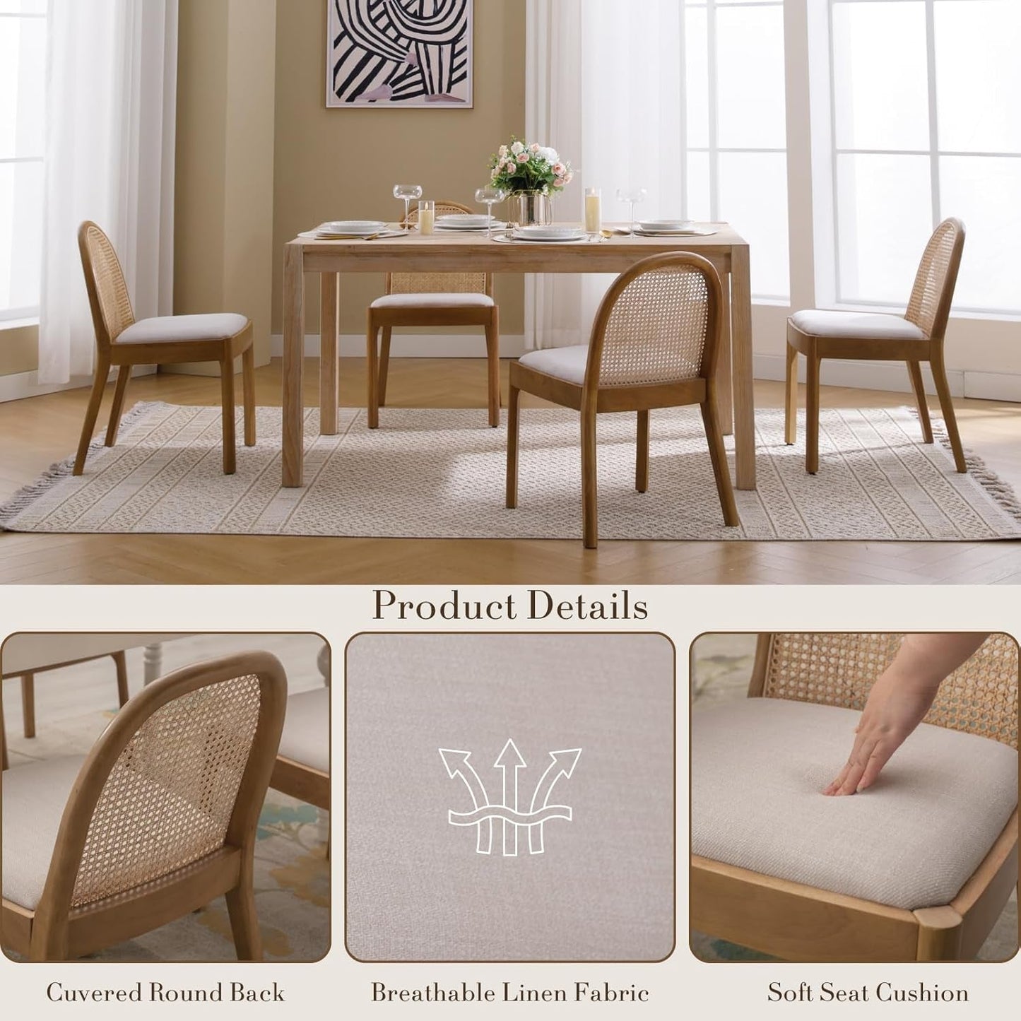 Beige Rattan Dining Chairs Featuring Contemporary Wood-4
