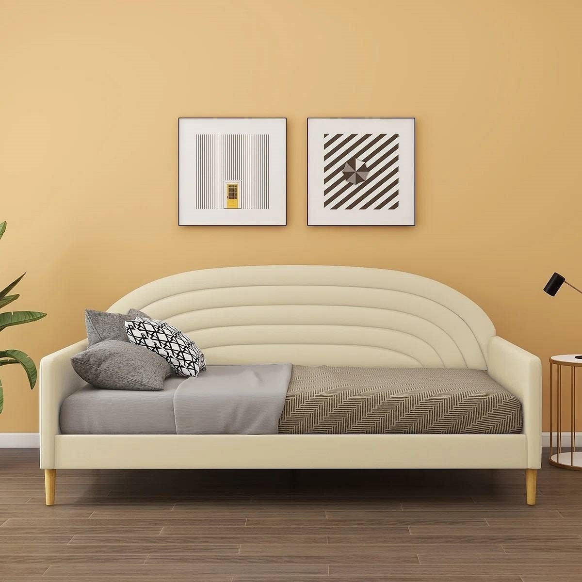 Twin size Mid-Century Modern Off-White Cream Velvet Upholstered Daybed-2