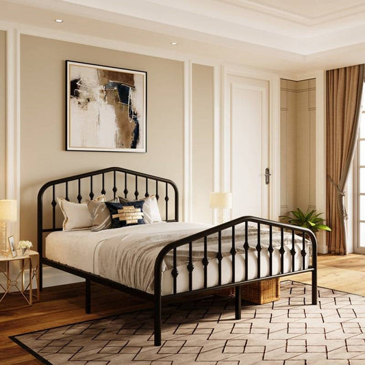 Queen Farmhouse Spindle Black Metal Platform Bed Frame with Headboard Footboard-1