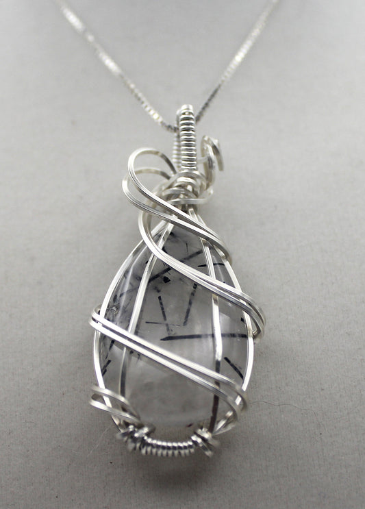 Silver & Black Rutilated Quartz | Teardrop Pendant Necklace