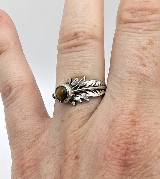 Tiger's Eye Feather Silver Ring