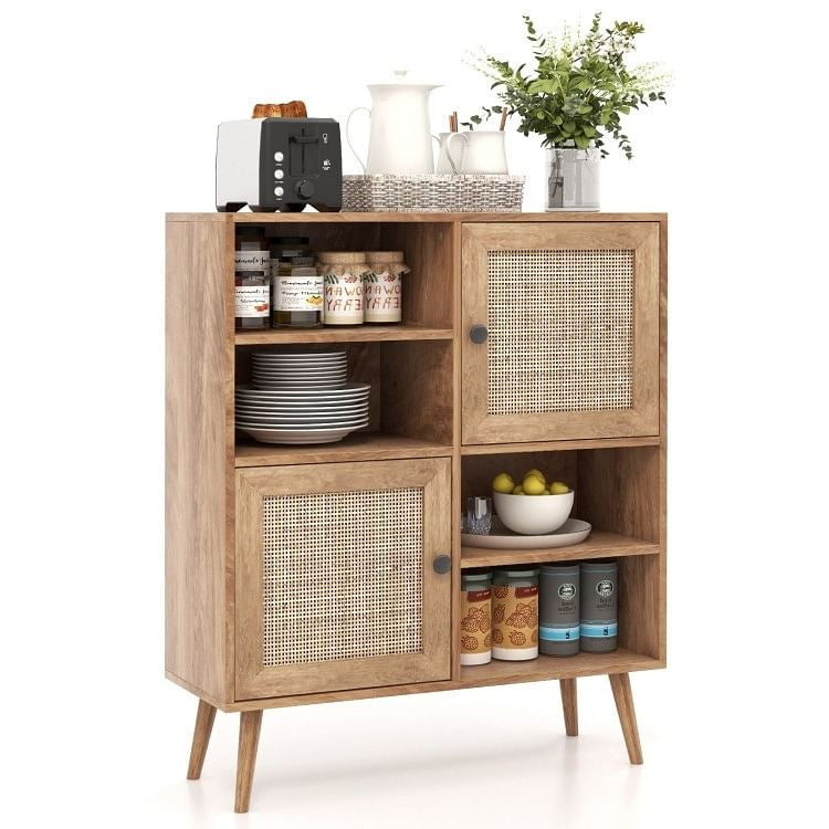 Mid-Century Modern Wood Sideboard | Buffet | Storage Cabinet | Rattan Doors