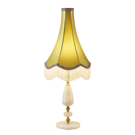 SOGA Jade Stone Base Table Lamp Vintage Yellow Shade Tassel Fringe Bedside Desk Light-0