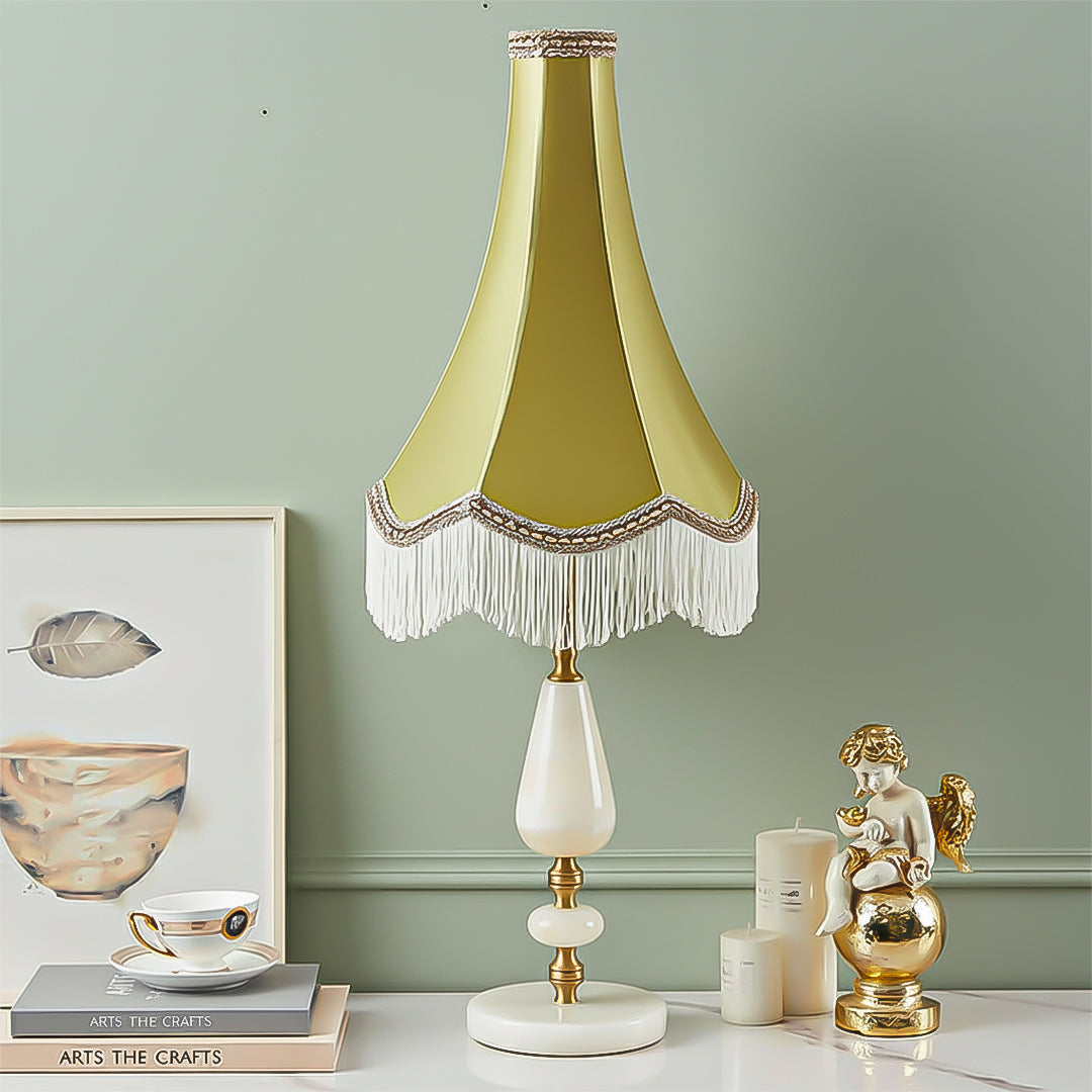 SOGA Jade Stone Base Table Lamp Vintage Yellow Shade Tassel Fringe Bedside Desk Light-1
