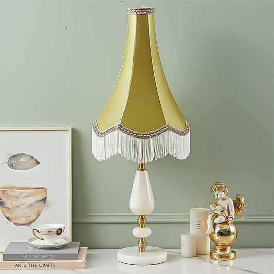 SOGA Jade Stone Base Table Lamp Vintage Yellow Shade Tassel Fringe Bedside Desk Light-1