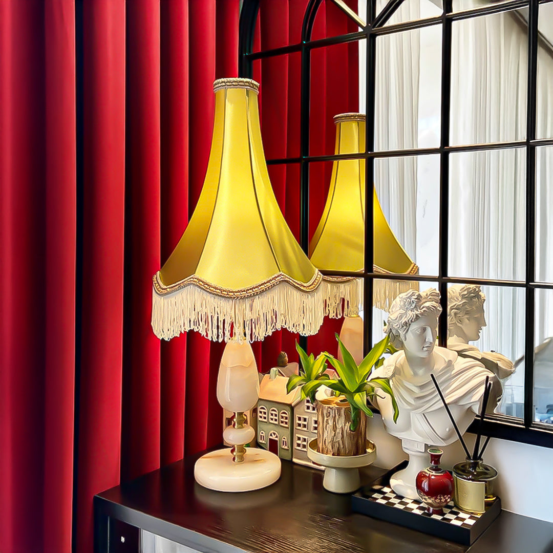 SOGA Jade Stone Base Table Lamp Vintage Yellow Shade Tassel Fringe Bedside Desk Light-2