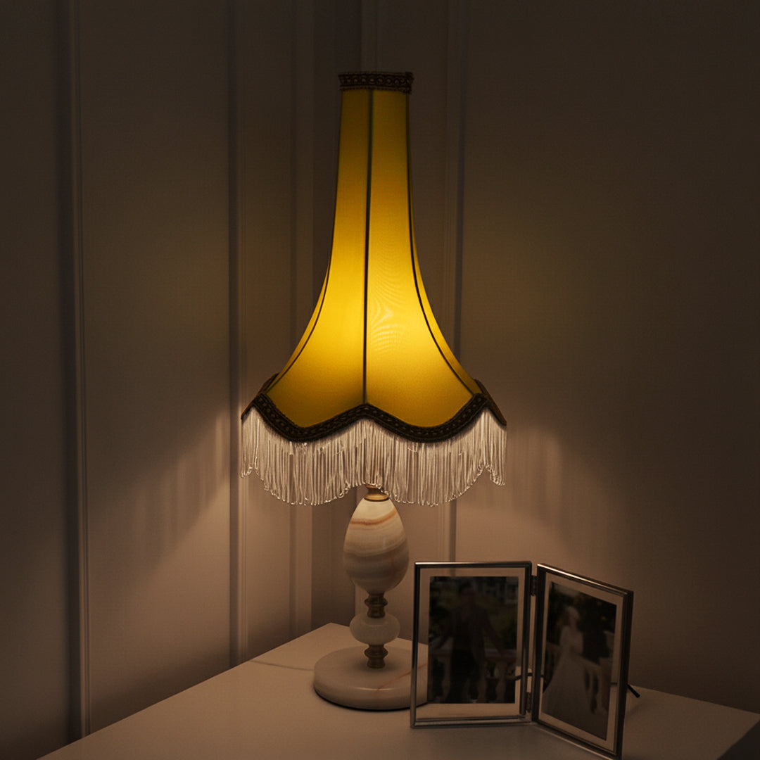 SOGA Jade Stone Base Table Lamp Vintage Yellow Shade Tassel Fringe Bedside Desk Light-3