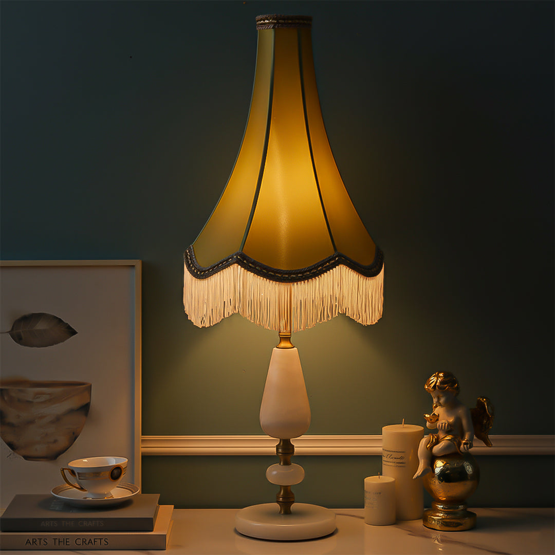 SOGA Jade Stone Base Table Lamp Vintage Yellow Shade Tassel Fringe Bedside Desk Light-4