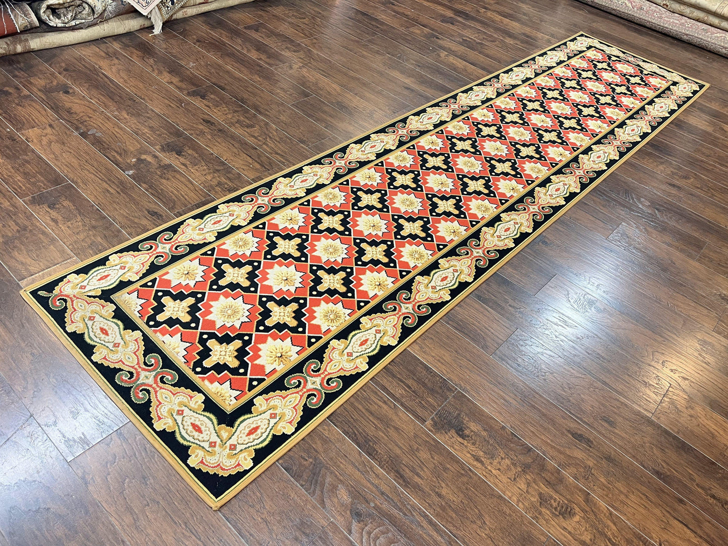 Vintage Runner Rug 3.5 x 14, Long Runner Rug, Stark Custom Made Carpet, European Design, Red Black Ivory Tan, Long Rug for Hallway-1