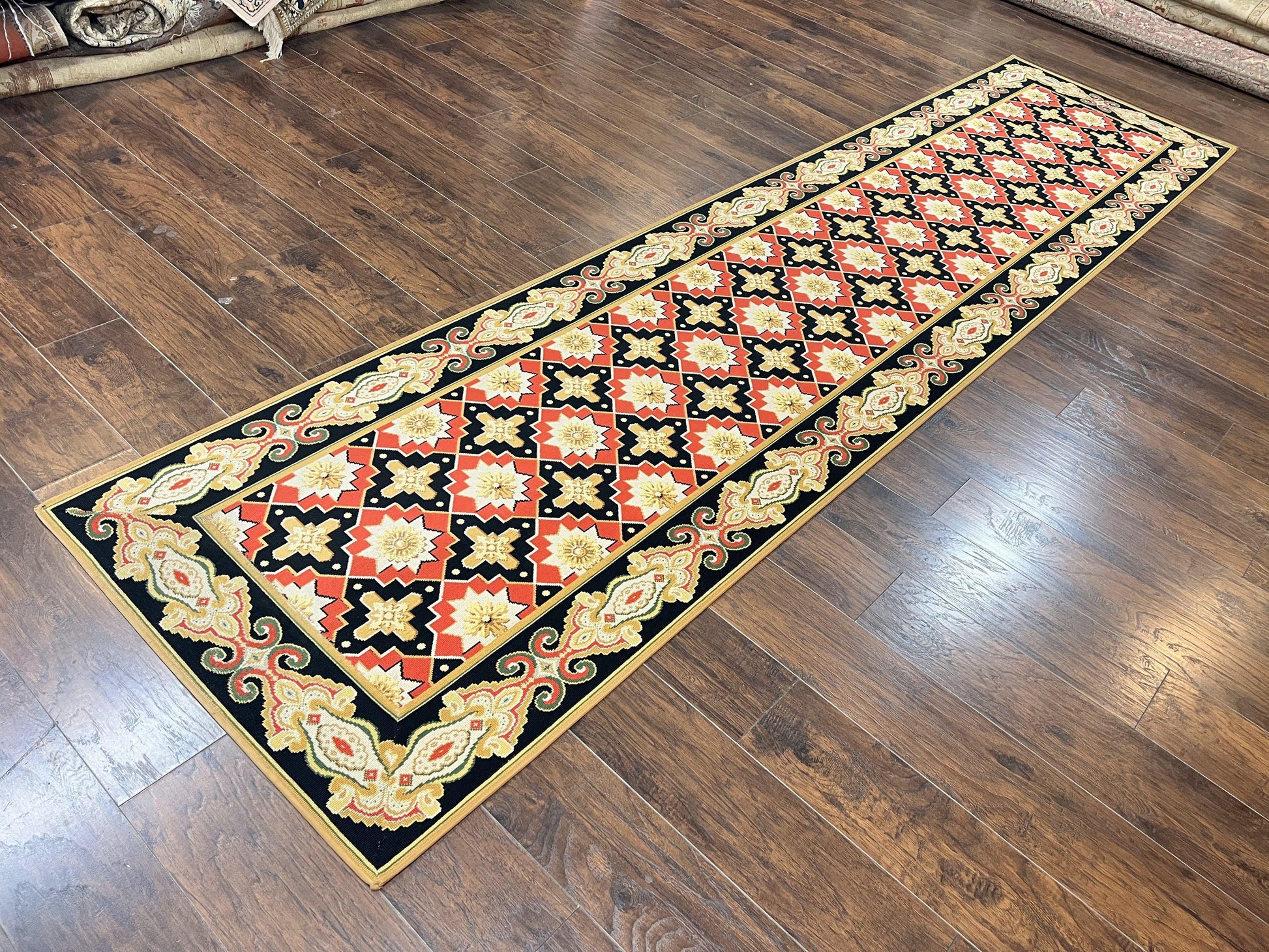 Vintage Runner Rug 3.5 x 14, Long Runner Rug, Stark Custom Made Carpet, European Design, Red Black Ivory Tan, Long Rug for Hallway-1