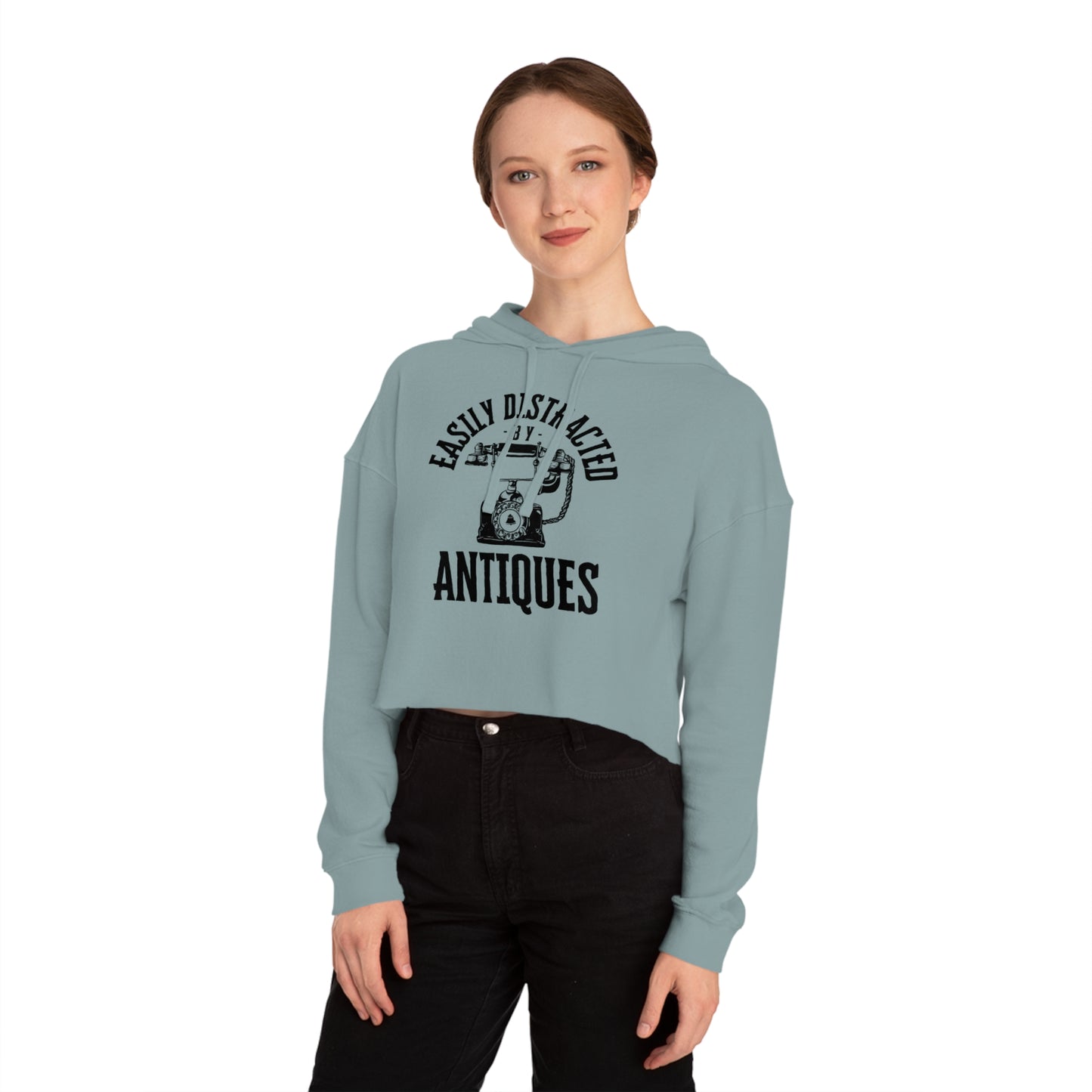 Easily Distracted by Antiques Cropped Hooded Sweatshirt