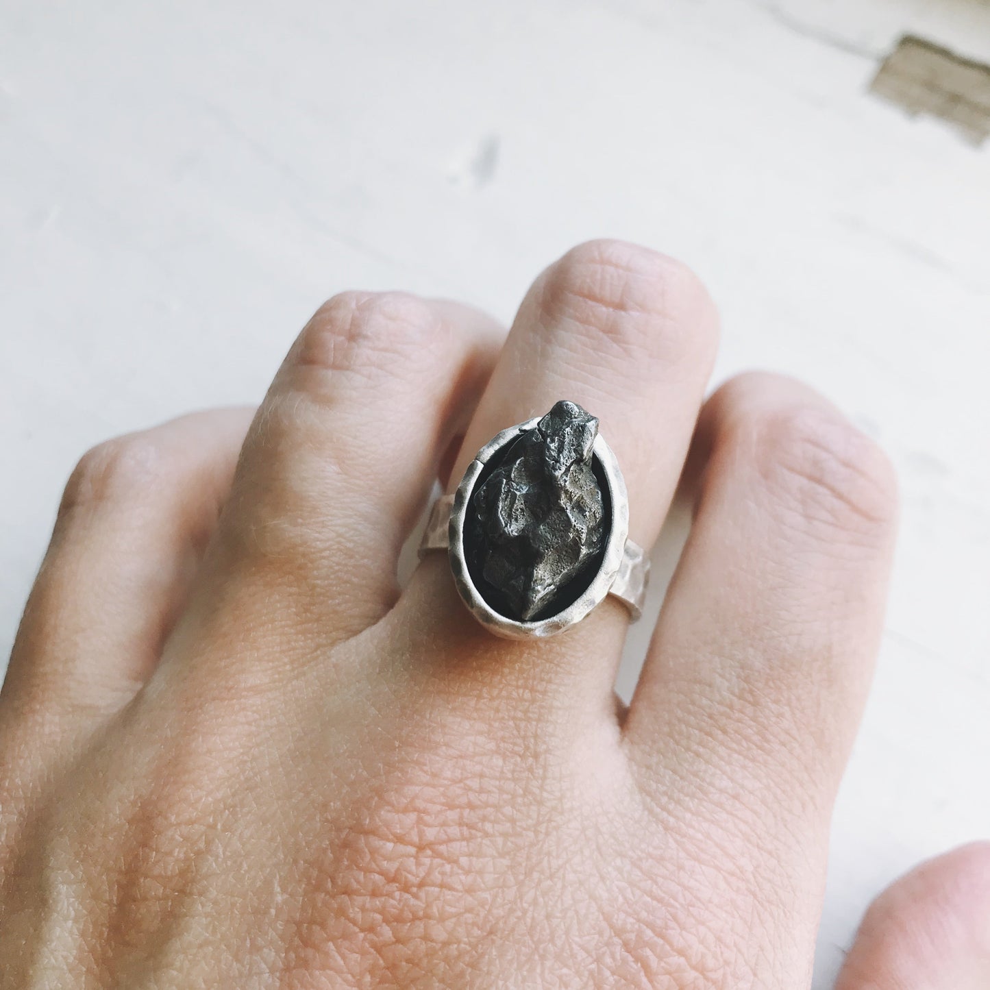 Handmade Oval Raw Meteorite Ring in Silver