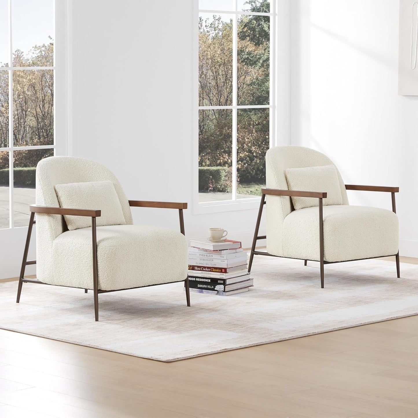 Ivory Faux Sherpa Armchair With Metallic Framework-4