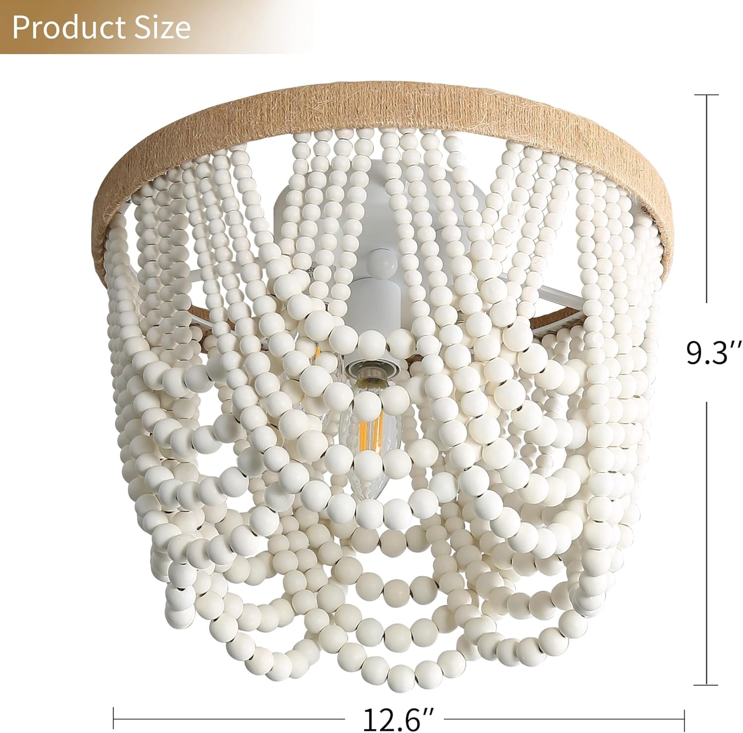 Three Light White Wood Bead Bohemian Chandelier Handmade-2