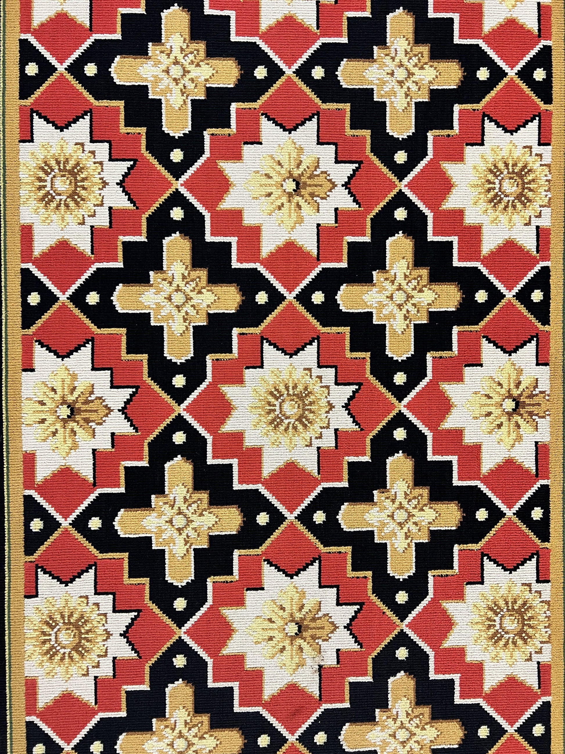 Vintage Runner Rug 3.5 x 14, Long Runner Rug, Stark Custom Made Carpet, European Design, Red Black Ivory Tan, Long Rug for Hallway-3