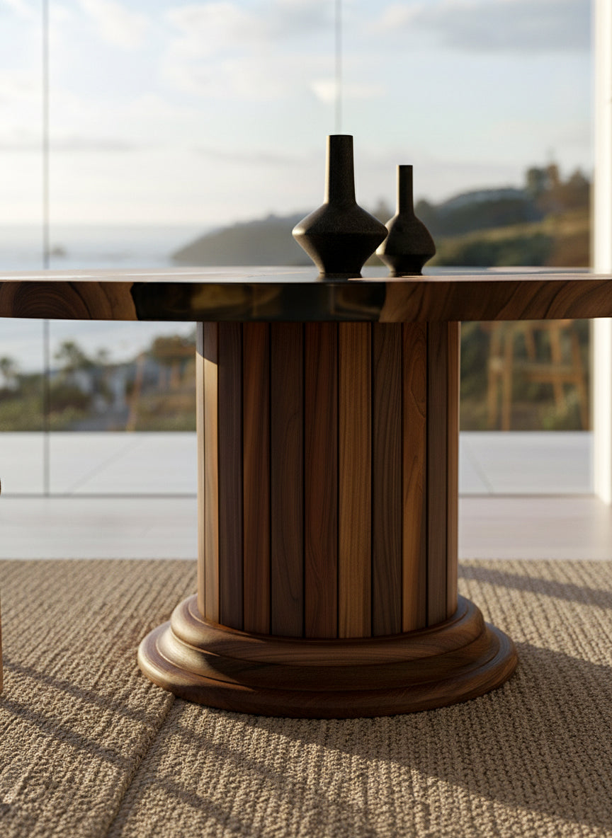 Round Dining Table | Solid Wood Drum Pedestal Base