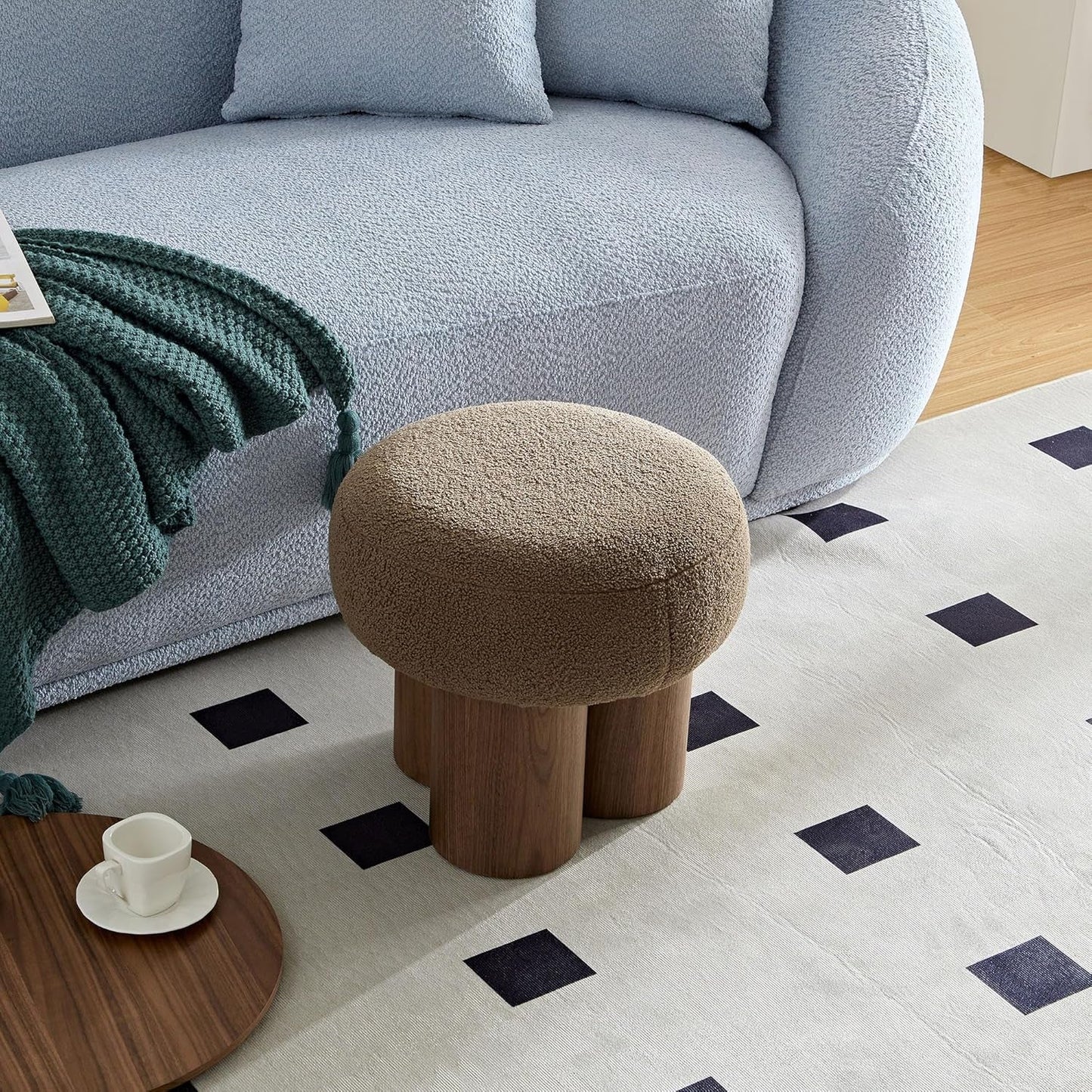 Compact Round Footstool Ottoman Brown Teddy Fabric-3