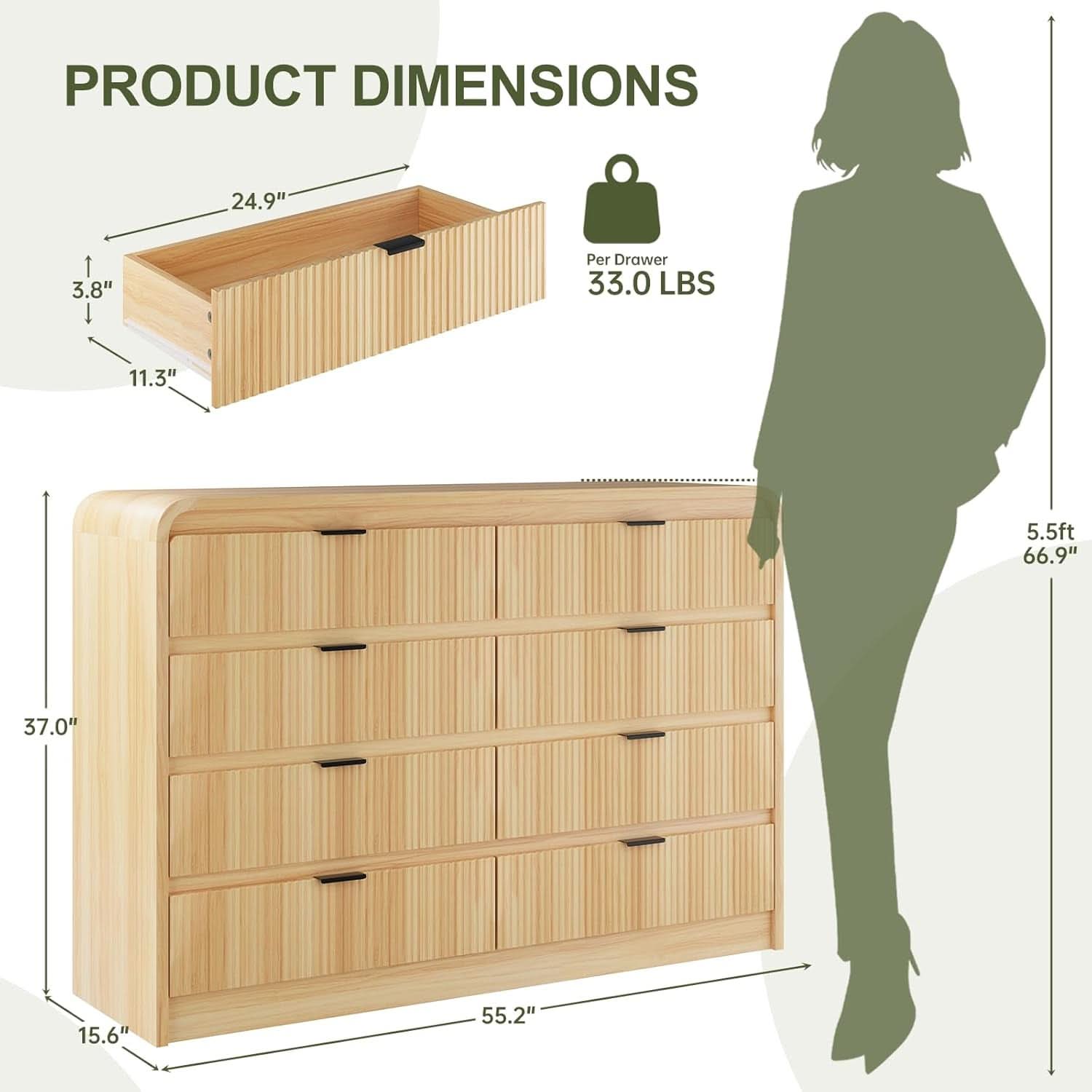 Natural Oak Fluted 8 Drawer Dresser 55 Inch Wide Bedroom-1