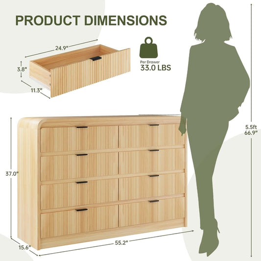 Natural Oak Fluted 8 Drawer Dresser 55 Inch Wide Bedroom-1