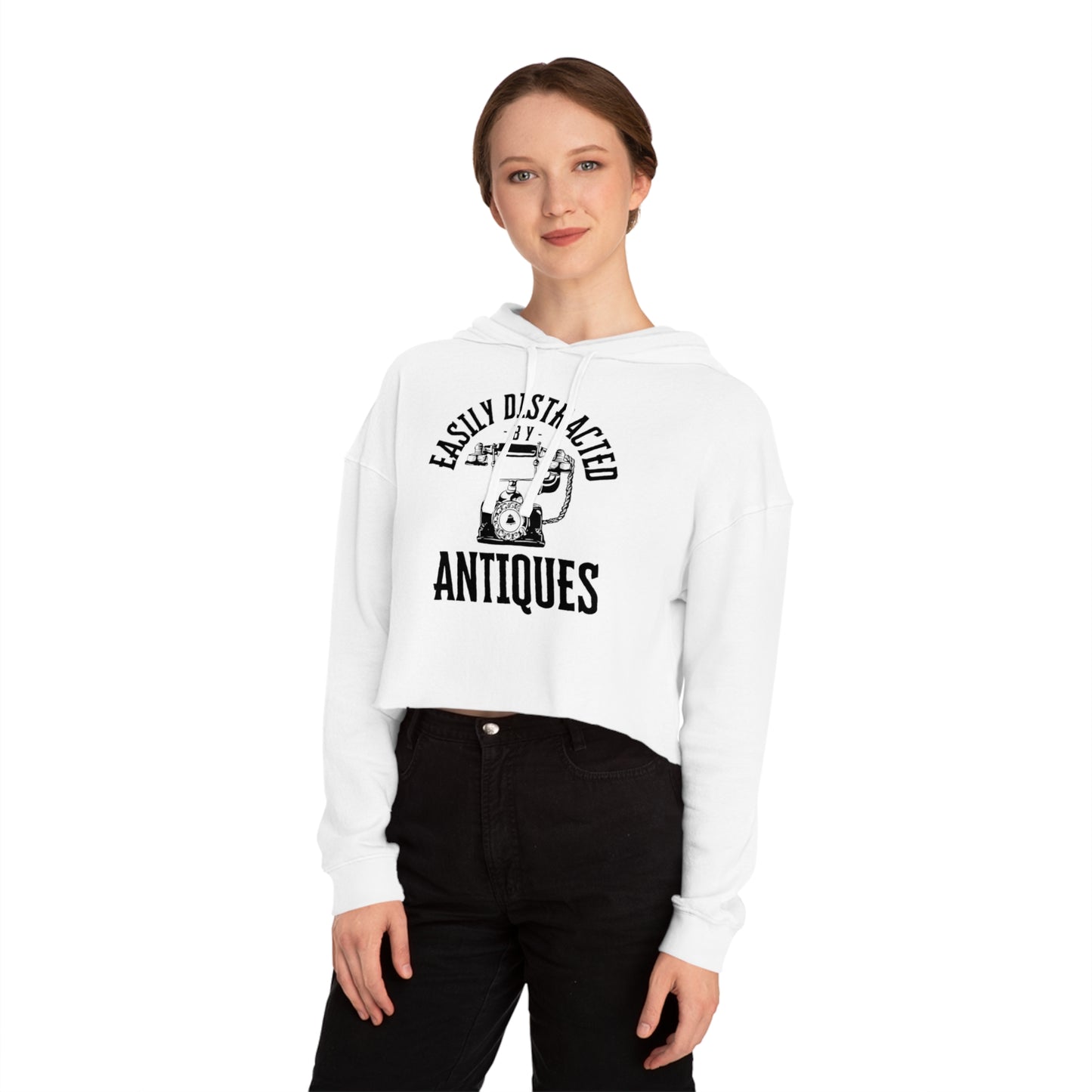 Easily Distracted by Antiques Cropped Hooded Sweatshirt