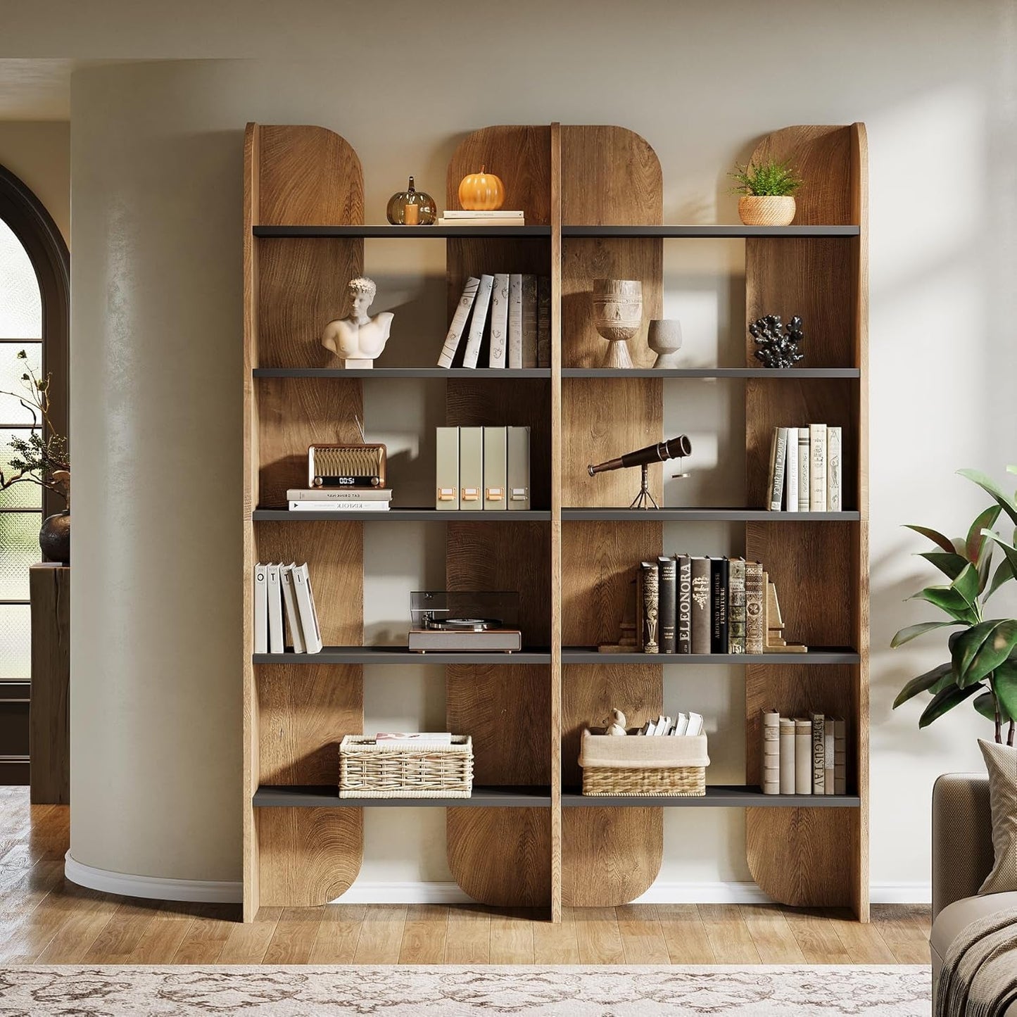 70.87-Inch Tall Farmhouse 5-Tier Brown Open-Shelves Bookcase-2