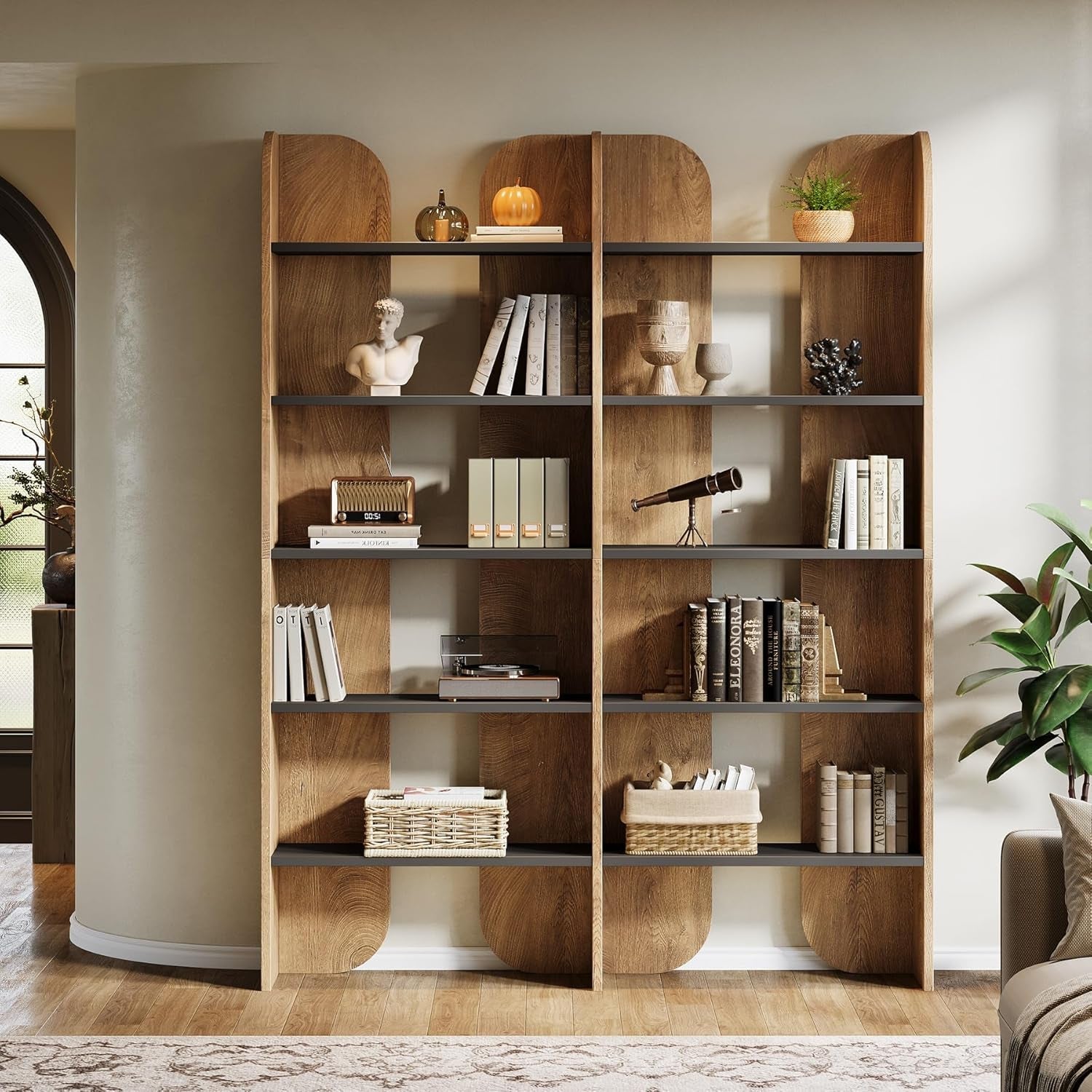 70.87-Inch Tall Farmhouse 5-Tier Brown Open-Shelves Bookcase-2