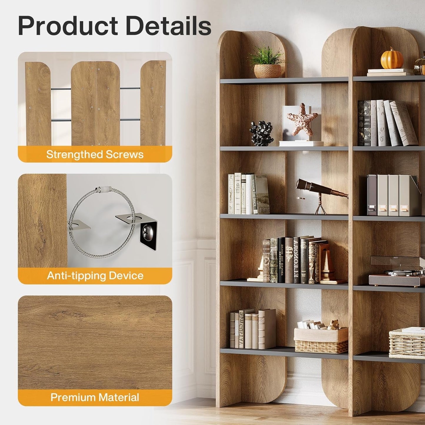 70.87-Inch Tall Farmhouse 5-Tier Brown Open-Shelves Bookcase-3