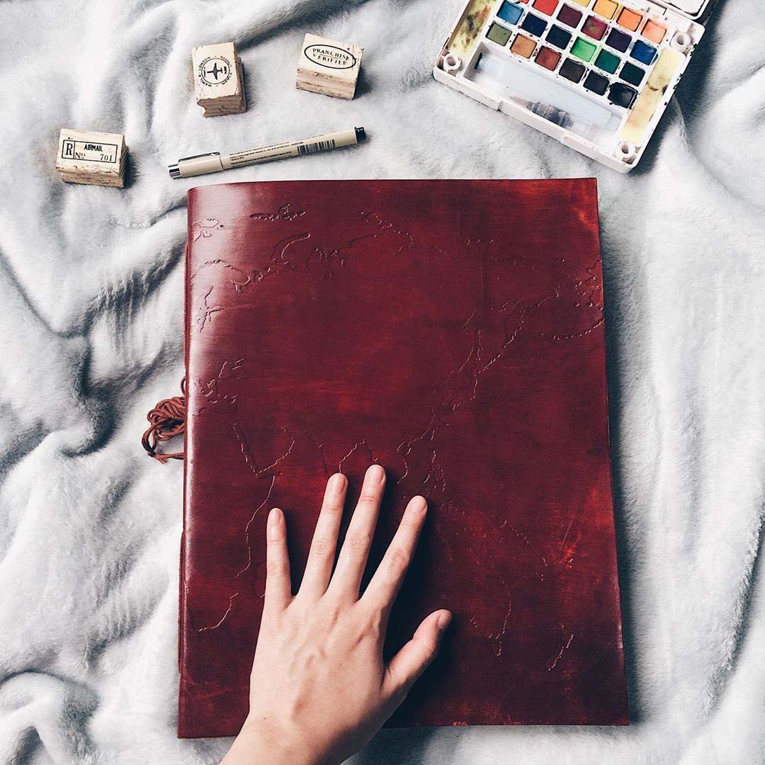 World Map | 14x11 | Large | Handmade Leather Journal | Sketch Pad