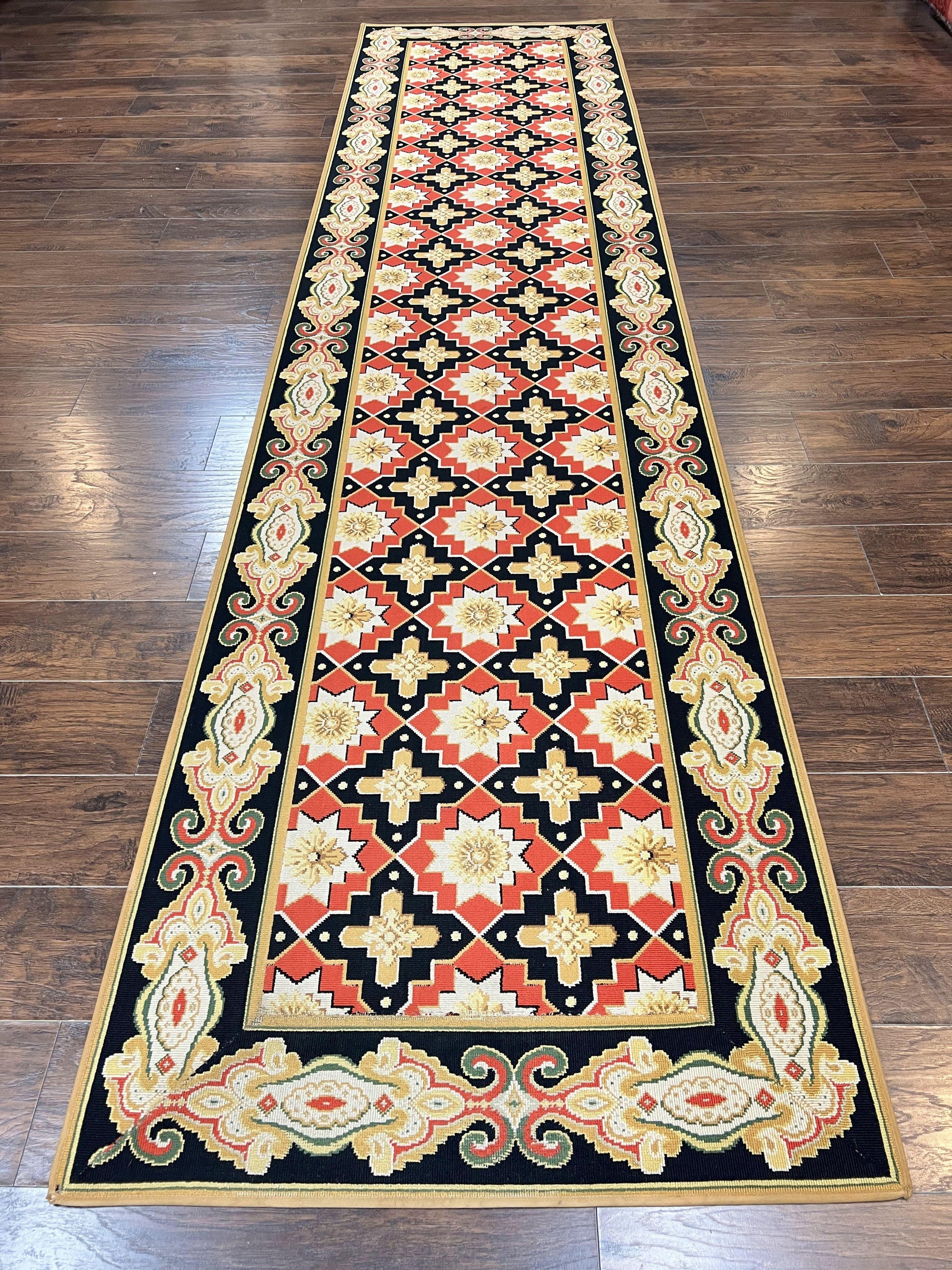 Vintage Runner Rug 3.5 x 14, Long Runner Rug, Stark Custom Made Carpet, European Design, Red Black Ivory Tan, Long Rug for Hallway-0