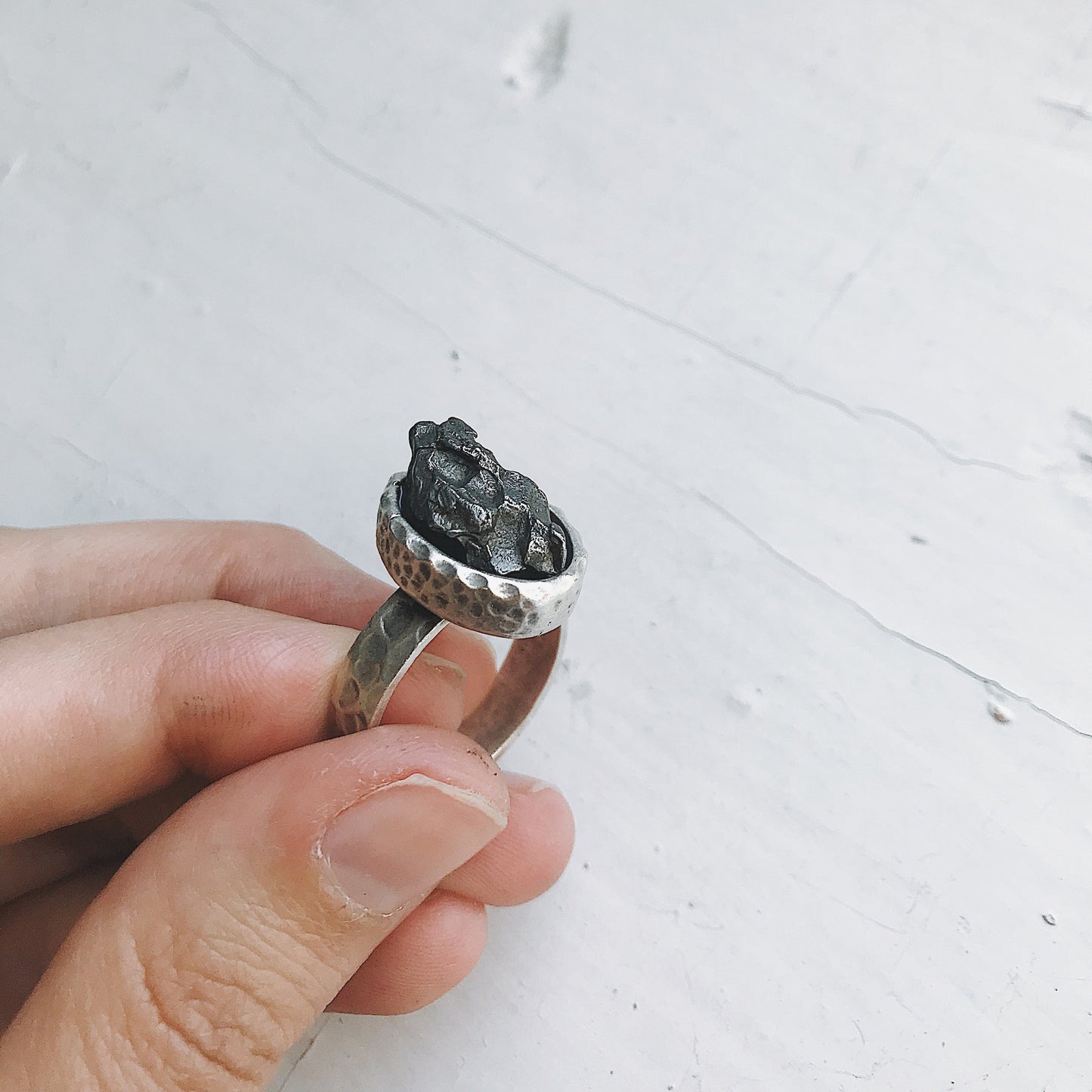 Handmade Oval Raw Meteorite Ring in Silver