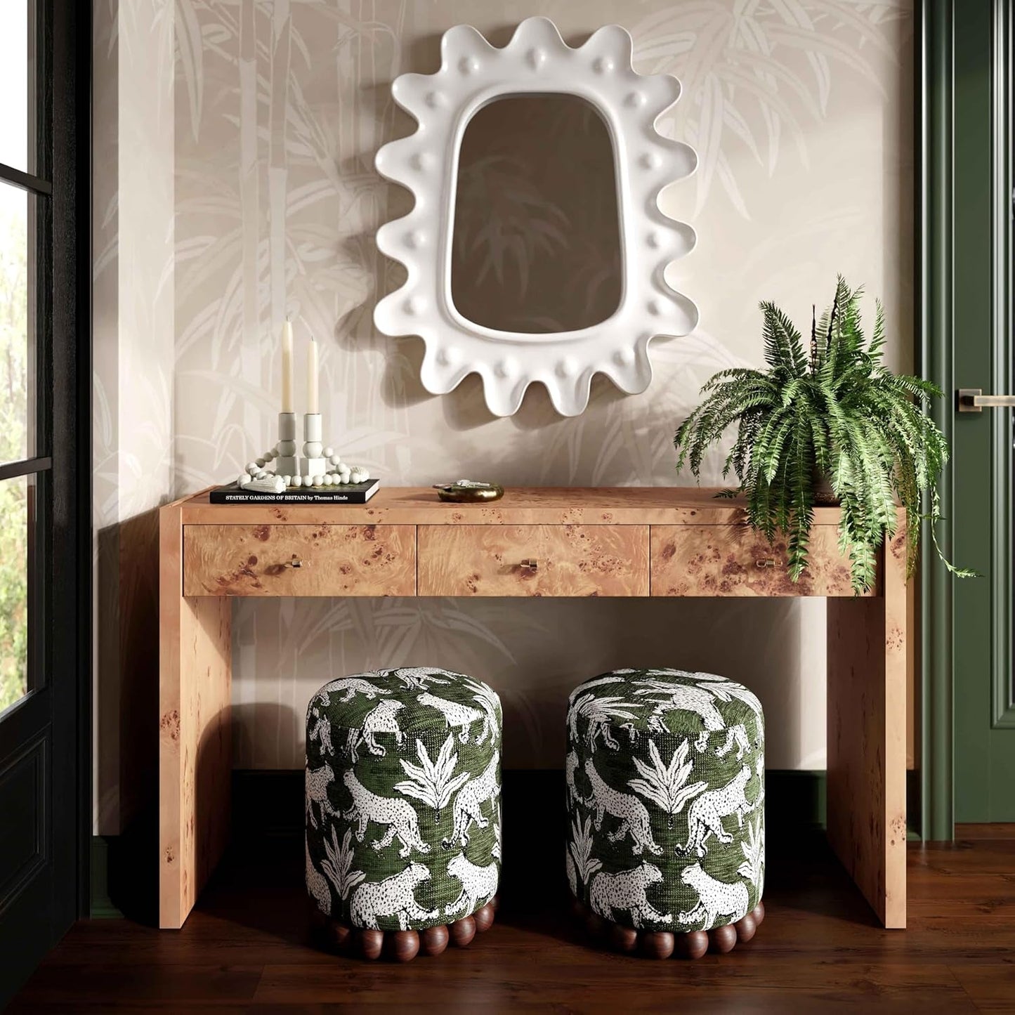 Olive Green Leopard Jacquard Ottoman Room Furniture-1