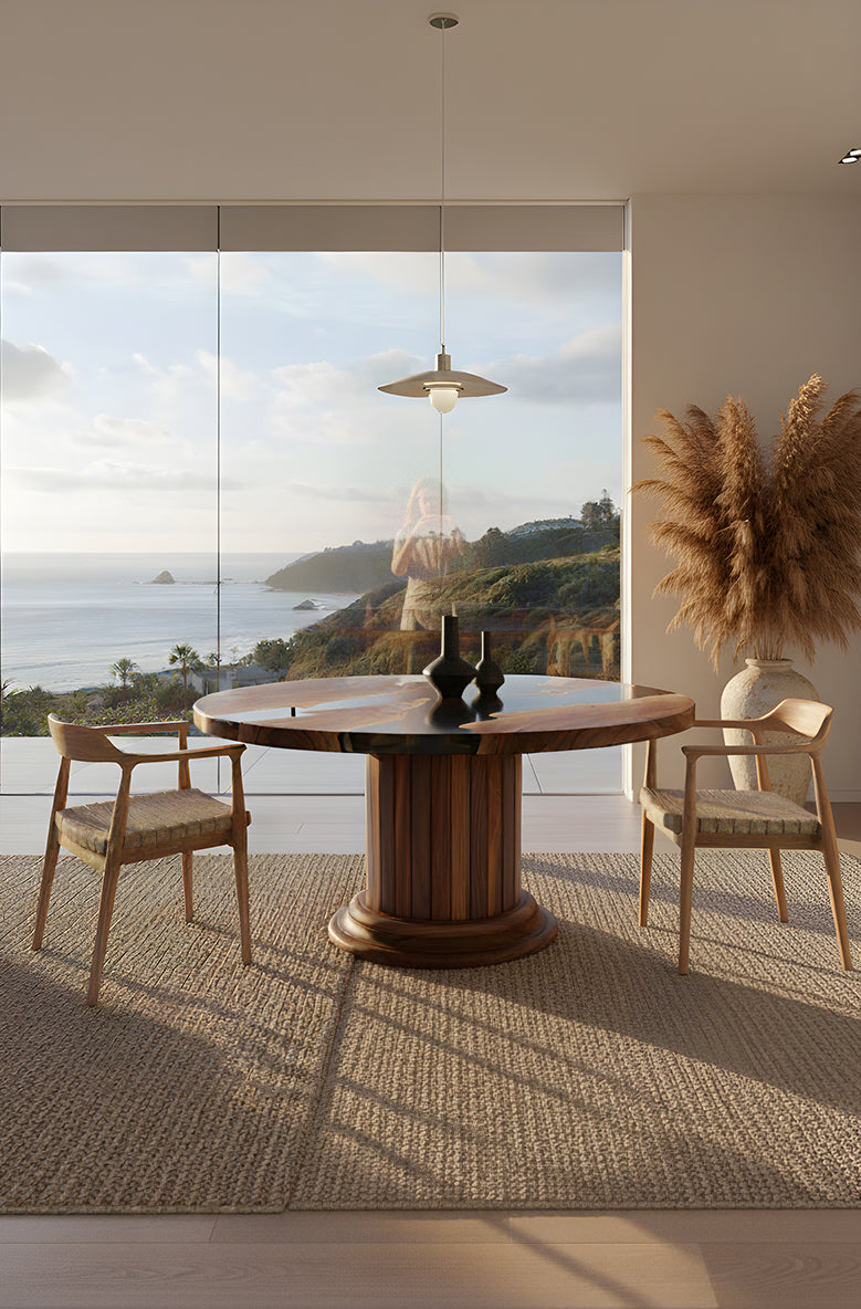 Round Dining Table | Solid Wood Drum Pedestal Base