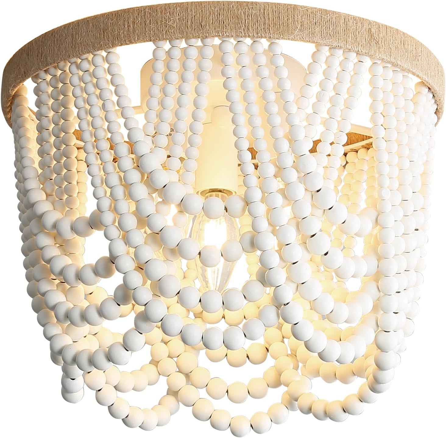 Three Light White Wood Bead Bohemian Chandelier Handmade-1