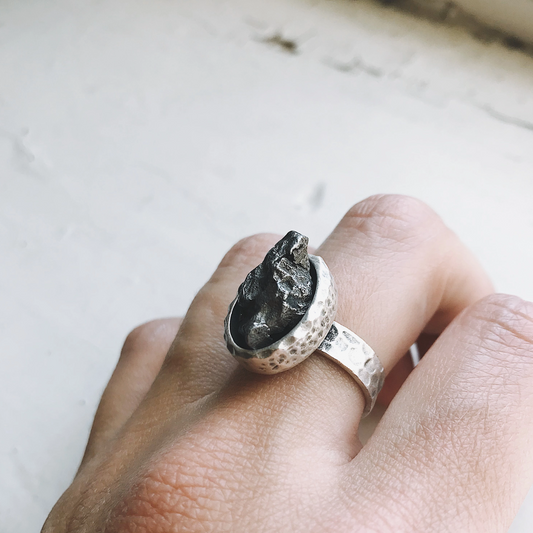 Handmade Oval Raw Meteorite Ring in Silver