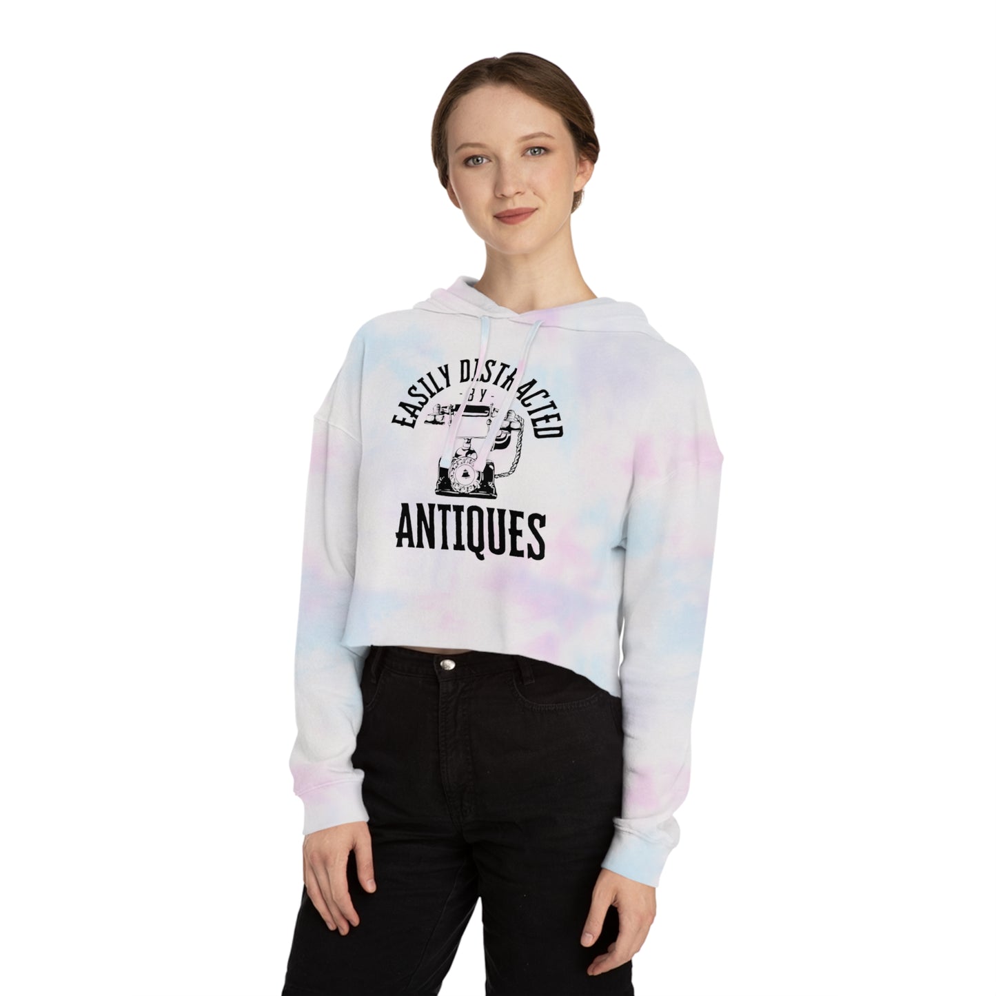 Easily Distracted by Antiques Cropped Hooded Sweatshirt