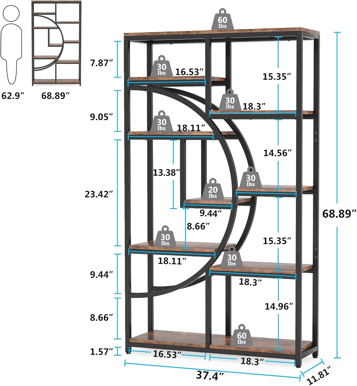 Industrial 5 Tier Bookcase | Brown Rustic Finish
