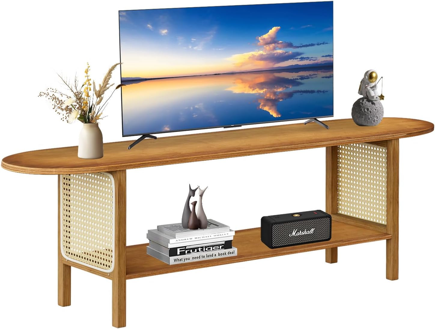 Bamboo TV Stand 65 Inch Walnut Storage Cabinet Storage-3