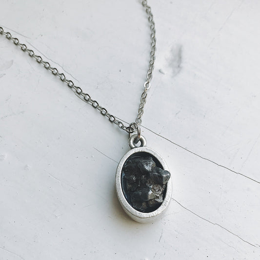Handmade Oval Raw Meteorite Pendant Necklace in Matte Brushed Silver