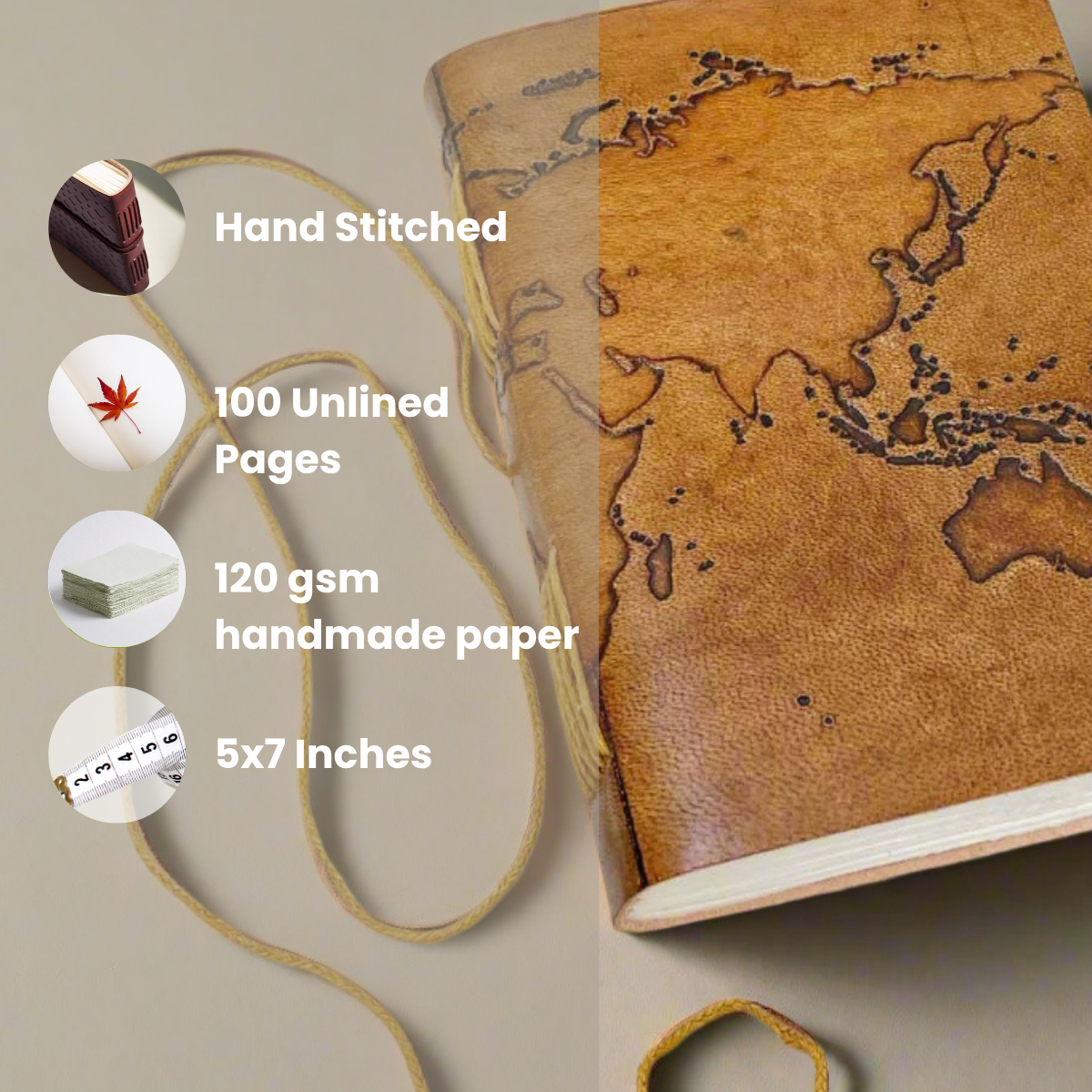 Vintage World Map | 7x5 | Handmade Leather Journal