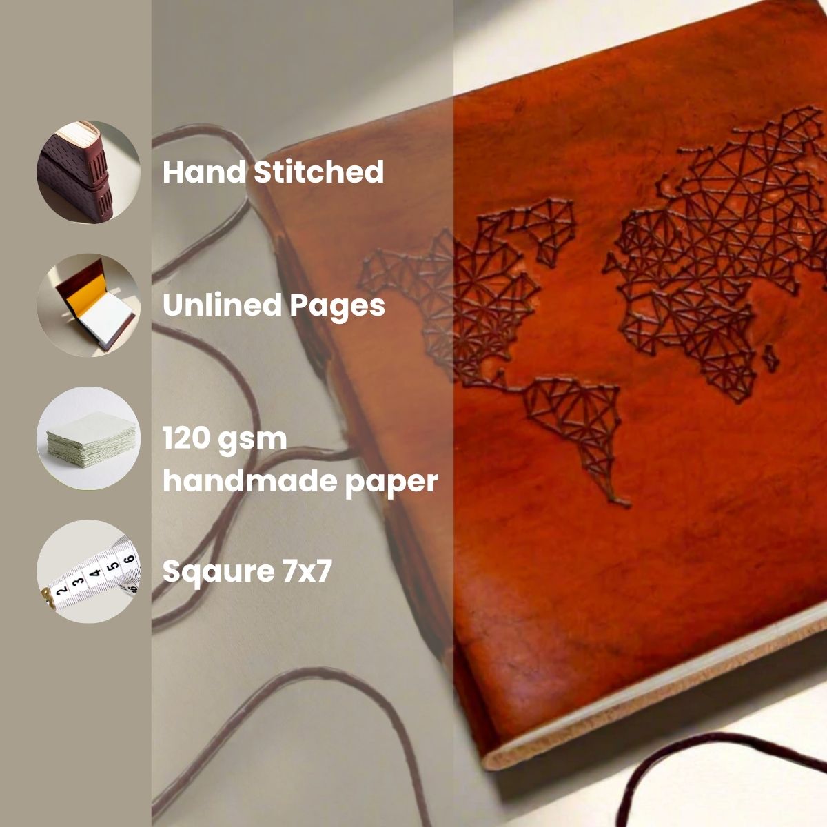 World Map | 7x7 | Artist Pad | Handmade Leather Journal