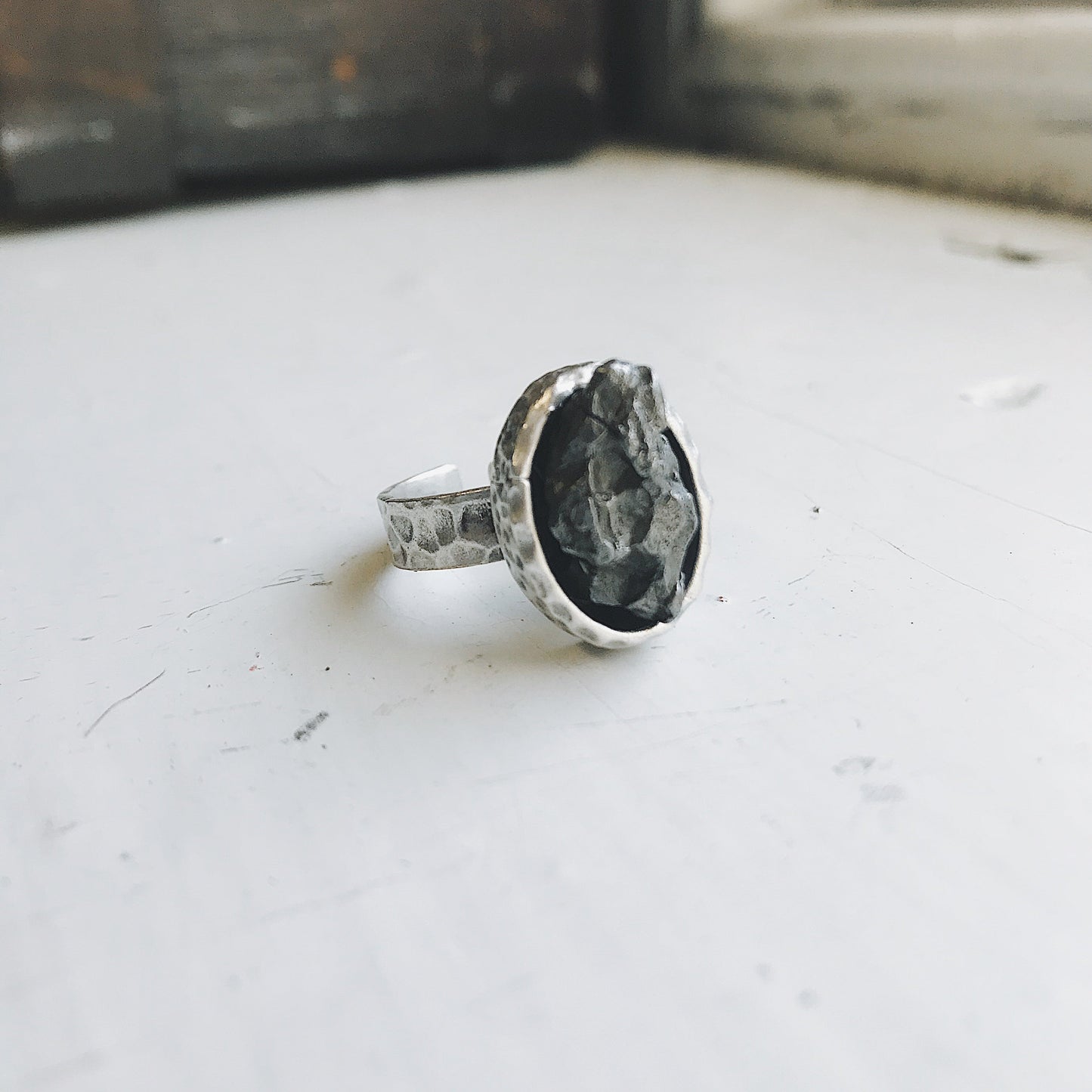 Handmade Oval Raw Meteorite Ring in Silver