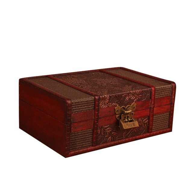 NNEOBA European vintage Wood box with lock storage box rectangle Desktop box antique wooden jewelry box-0