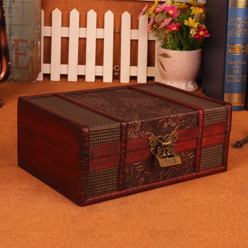 NNEOBA European vintage Wood box with lock storage box rectangle Desktop box antique wooden jewelry box-2