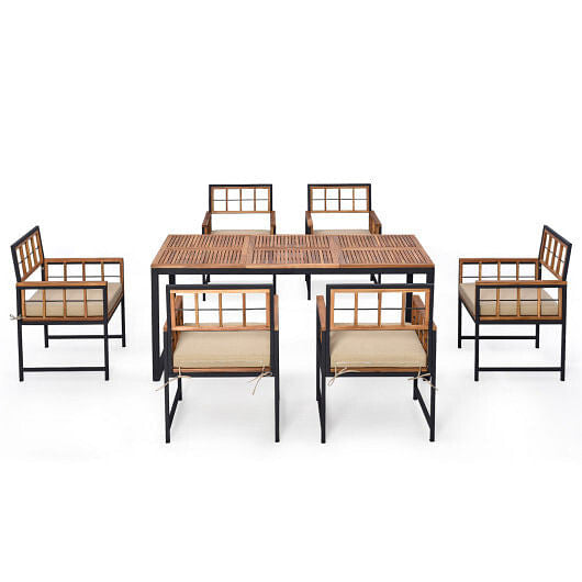 7 Pieces Patio Acacia Wood Dining Set with Soft Cushions and Umbrella Hole-Natural-0