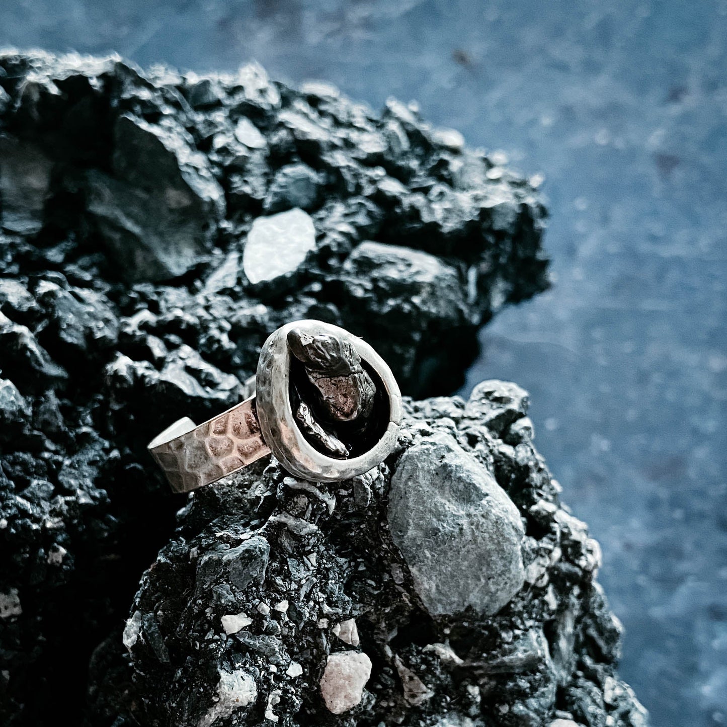 Handmade Chunky Teardrop Raw Meteorite Ring in Silver