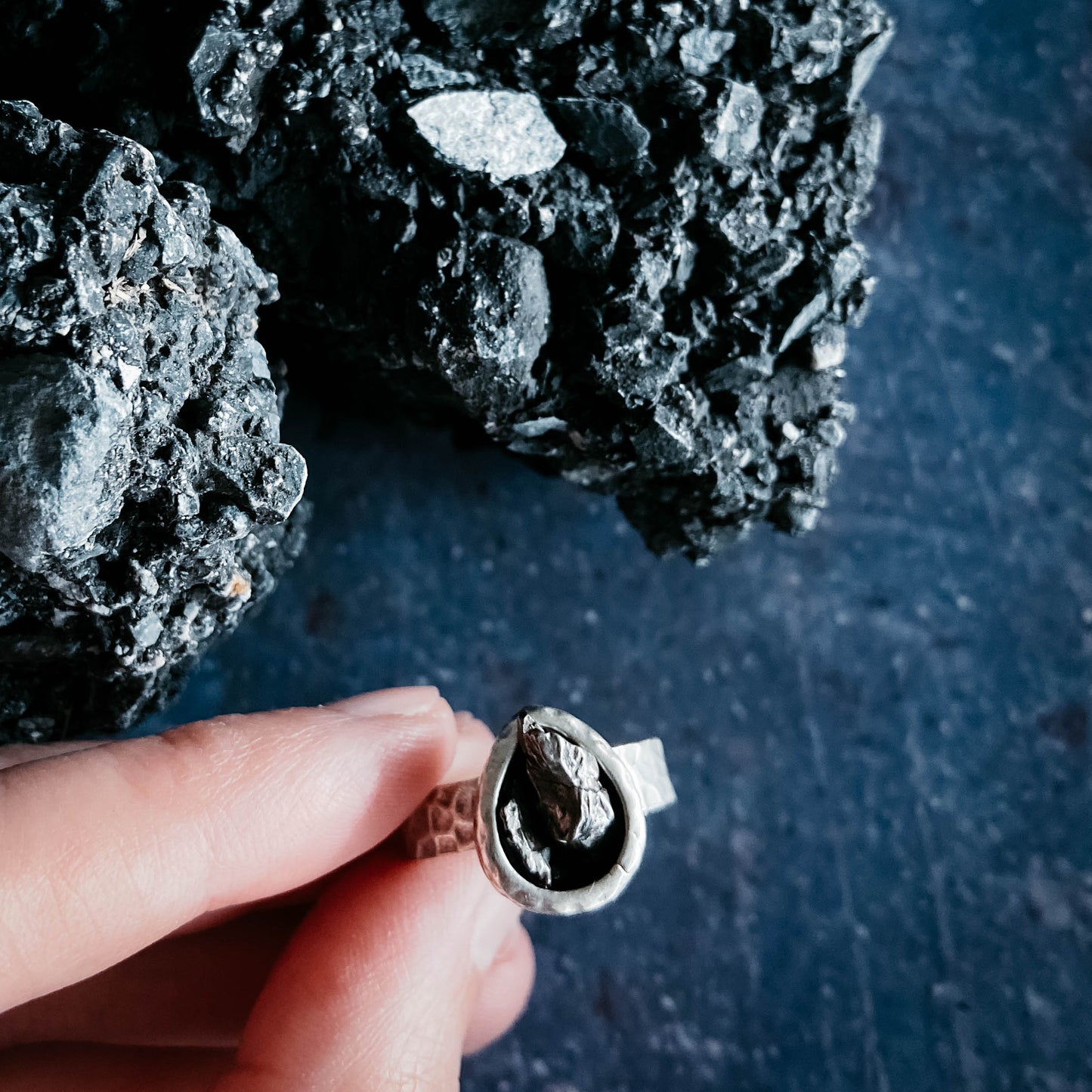 Handmade Chunky Teardrop Raw Meteorite Ring in Silver