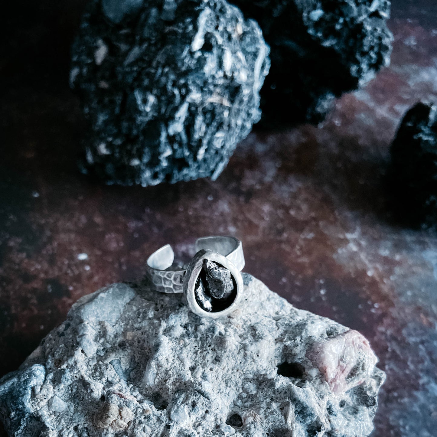 Handmade Chunky Teardrop Raw Meteorite Ring in Silver
