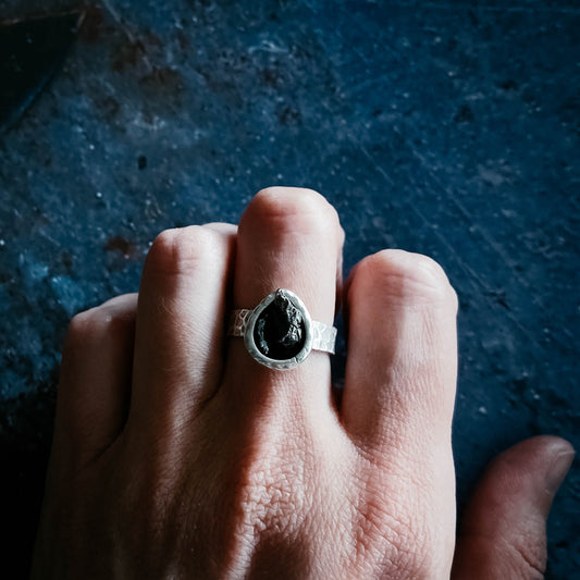Handmade Chunky Teardrop Raw Meteorite Ring in Silver